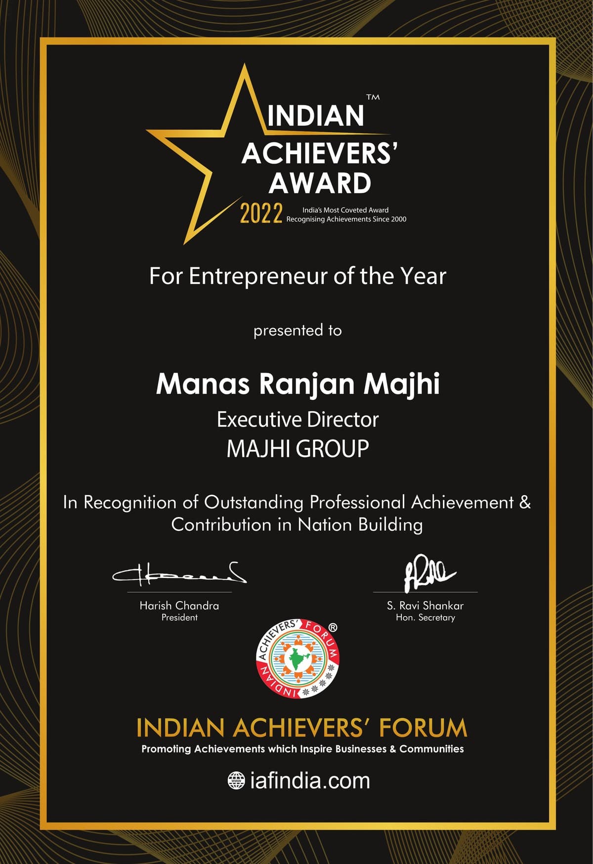 Indian Achievers Award 2022 certificate presented to Manas Ranjan Majhi, Executive Director of Majhi Group — Entrepreneur of the Year, Indian Achievers' Forum