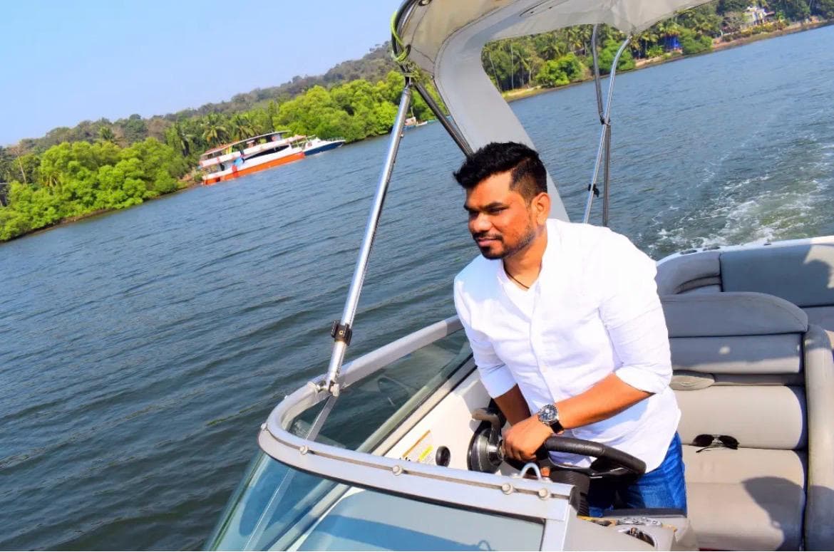 Manas Majhi on a speedboat in Goa