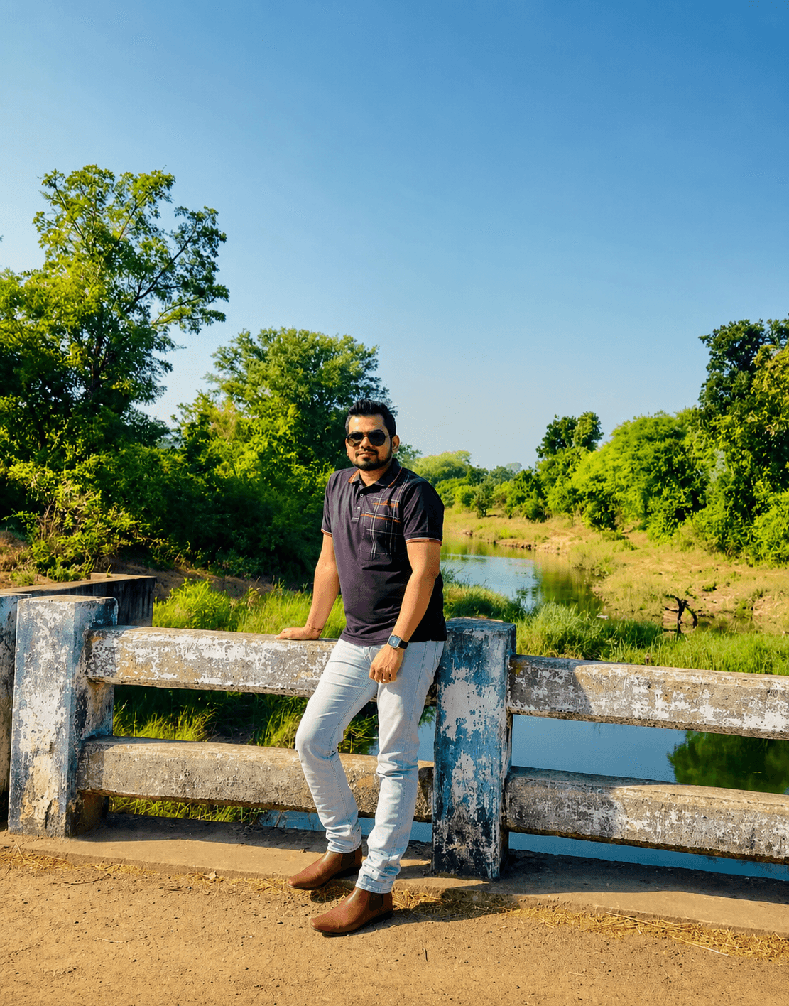 Manas Majhi standing on a bridge beside a riverside landscape
